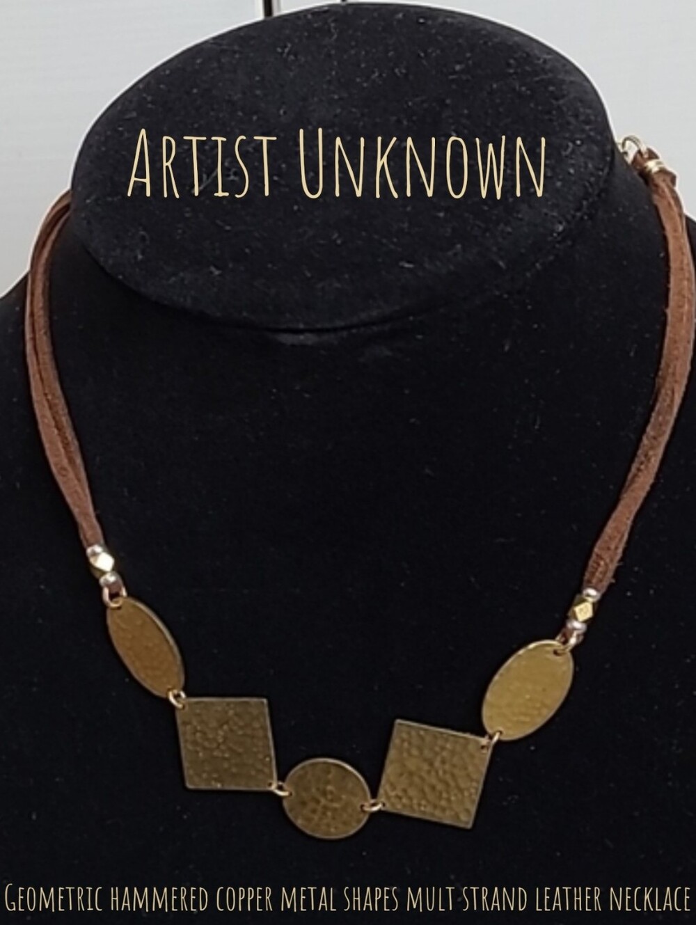 Women's Geometric hammered copper metal shapes mult strand leather necklace